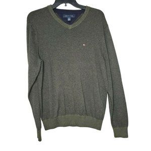 Tommy Hilfiger Pinstripe Army Green/Blue Pullover Stretch Hem Med V-Neck Sweater